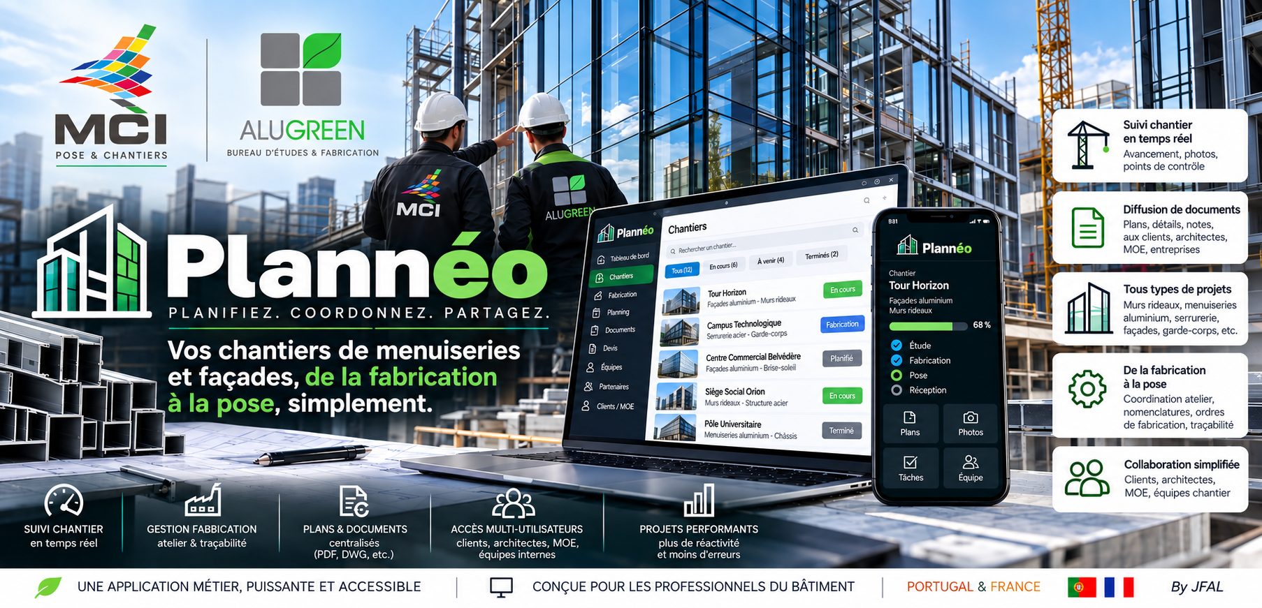 Plannéo — planifiez, coordonnez, partagez. MCI Constructions et Alugreen.